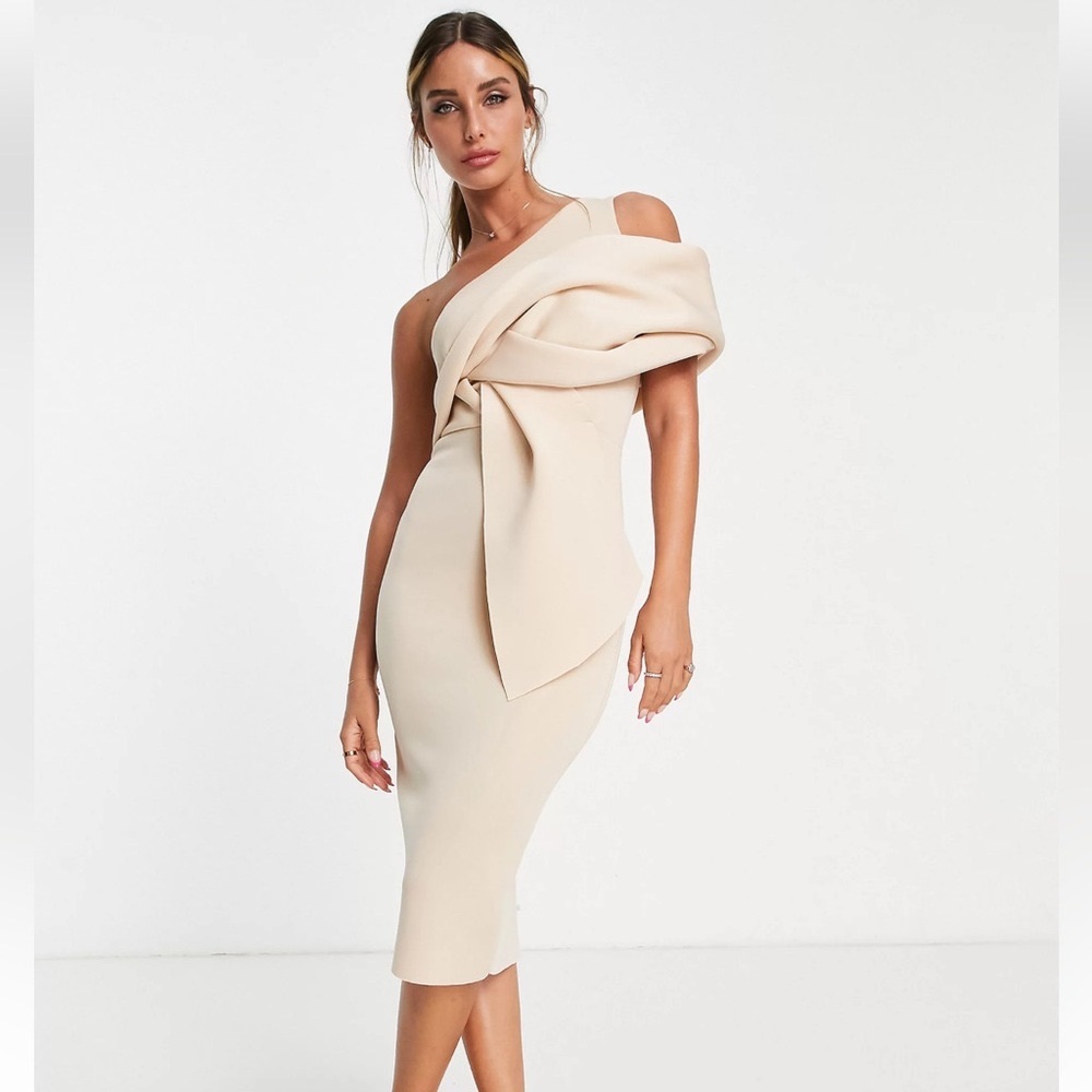 ASOS DESIGN peekaboo shoulder tuck midi pencil dress in frosted almond S size
